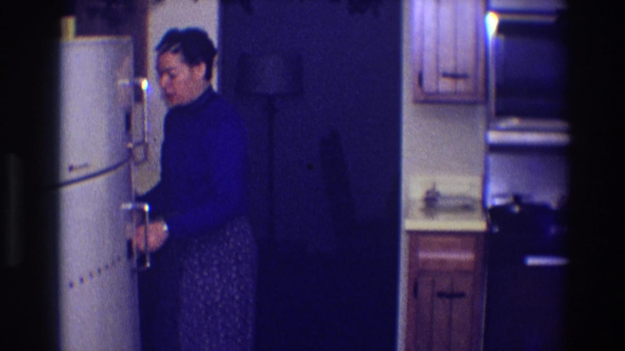 Woman standing by a refrigerator in a dim kitchen.