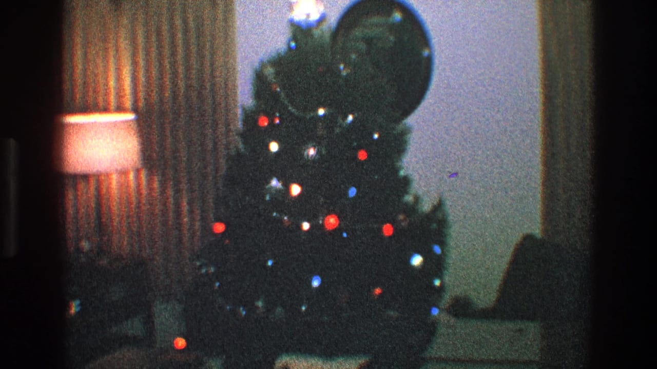 Lit Christmas tree beside a glowing lamp and curtains in a dark living room.