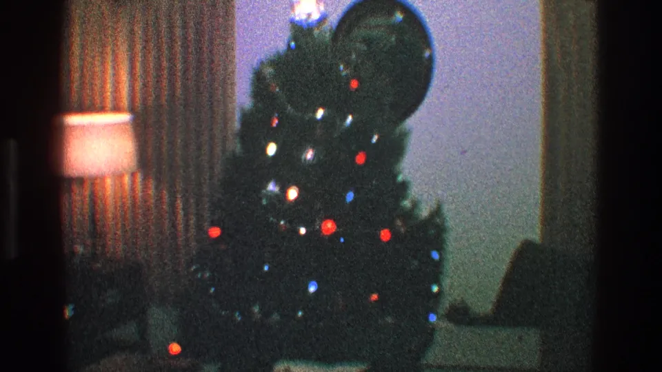 1968 Toledo Christmas interior with a dark evergreen tree, colored lights, a shaded lamp, and curtains.