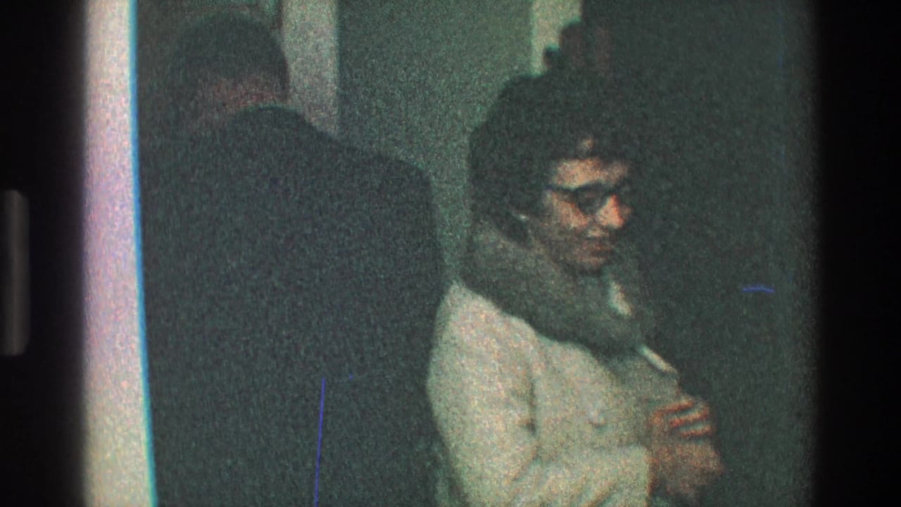 Woman in glasses faces forward in a light coat with a dark fur hood near shadowed figures.