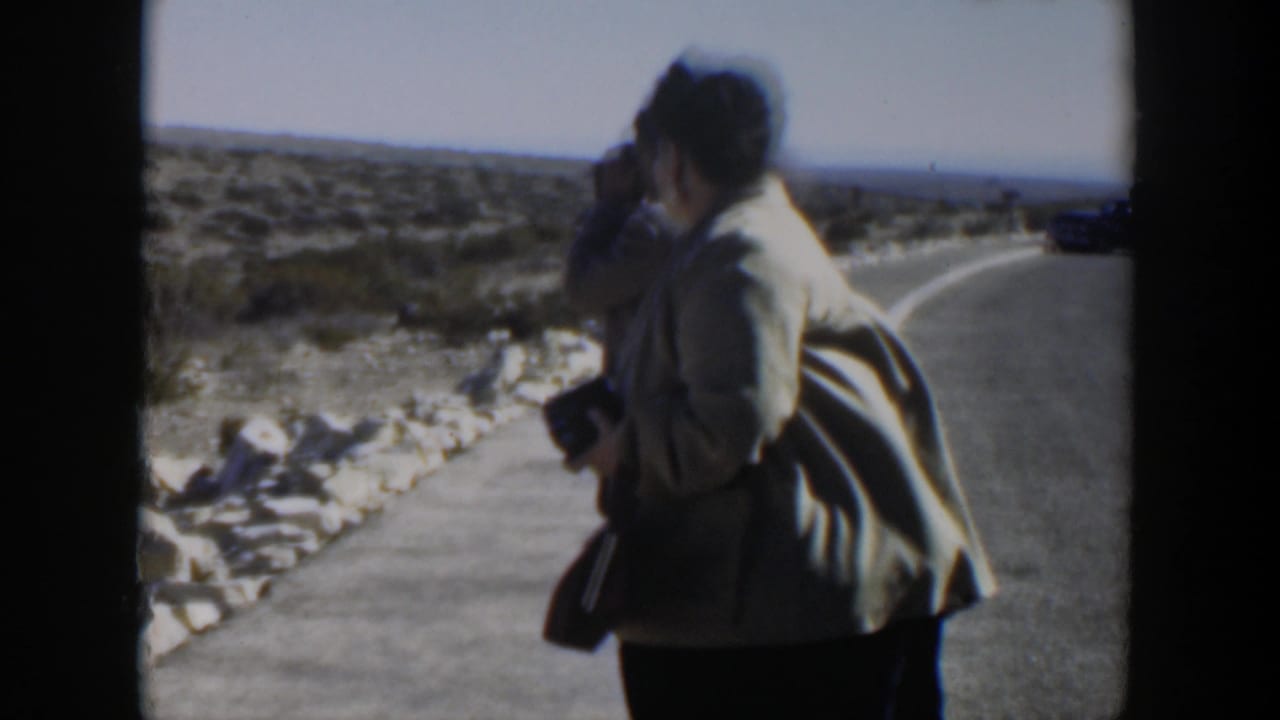 Woman with camera stands near the road shoulder while another adult is partly visible behind her.