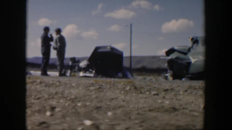 Texas 1951 roadside frame showing two men near wreckage, scattered debris, and the damaged car partly visible at right.