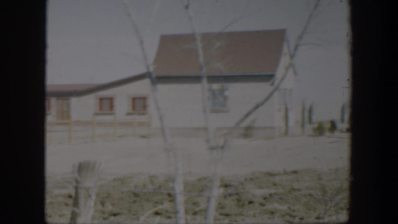 Small white house behind bare branches with snow-covered ground and a simple fence.