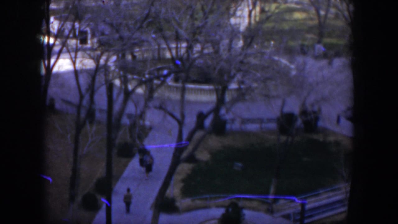 1951 Texas home-movie frame showing an elevated view of park paths, bare trees, low walls, and distant pedestrians through a window frame.