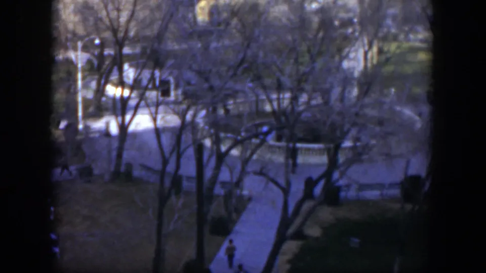 1951 Texas home-movie still with a dark window frame, bare park trees, winding paths, low walls, and a distant pedestrian below.