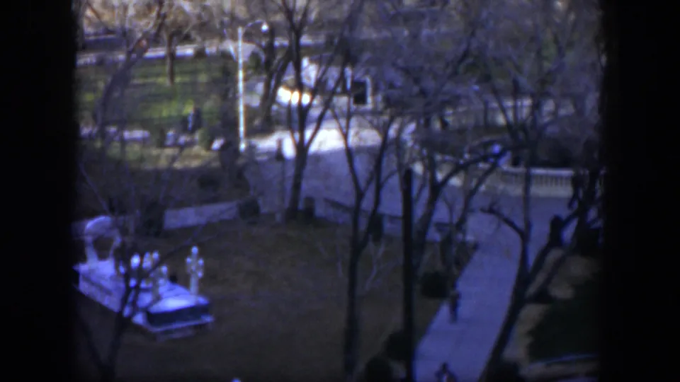 High-angle 1951 Texas park view through dark window divisions, showing paths, lamps, bare trees, and a white monument-like feature.