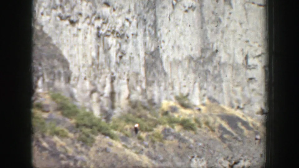 Home-movie view from 1937 California showing a pale cliff, rocky hillside, scattered shrubs, and a small distant figure.