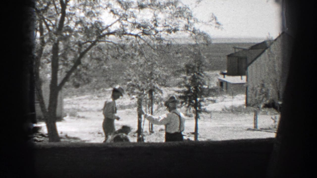 A woman carrying a bundle passes two men in hats beside a young tree in a California yard, seen in 1937 8mm footage.