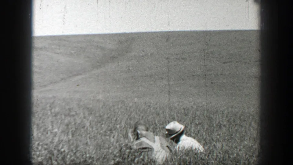 A 1937 California home-movie frame shows the man bent near the crops, with open land and sky stretching behind him.