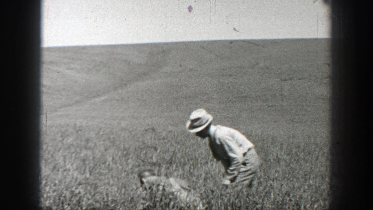 1937 California 8mm frame of a man in a light shirt and brimmed hat bending in a grassy field.