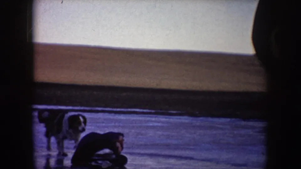A dog stands near a person down on the ice during a supported 1953 North Dakota frozen-lake home-movie scene.