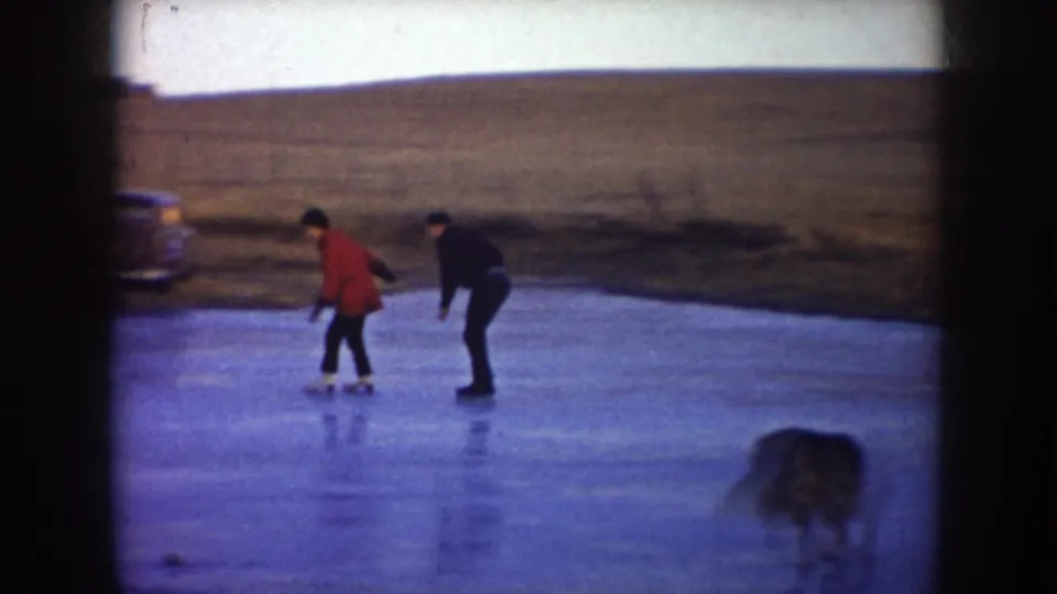 Two adult skaters pass near the pond edge as a dog runs across the ice and a parked car sits nearby.