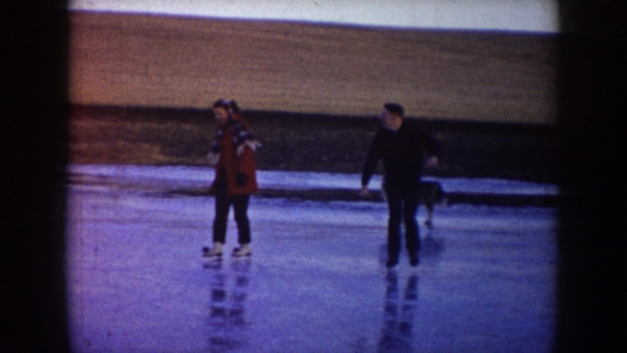 Two adult skaters move across the ice, with a small dog visible behind them.