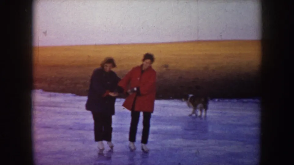 Two people in winter coats pause on the frozen lake, with a dog visible farther back on the ice.
