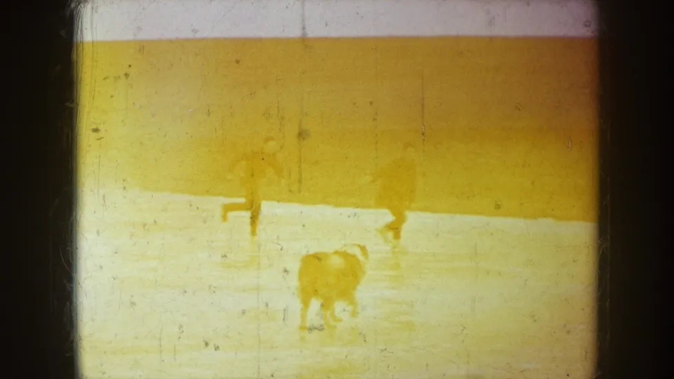 A dog moves across the ice in the same home-movie skating scene, with skaters partly visible near the upper edge.