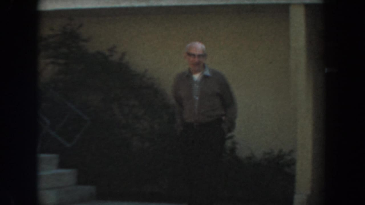 Man in glasses stands at a distance near shrubs and concrete stairs outside a building.