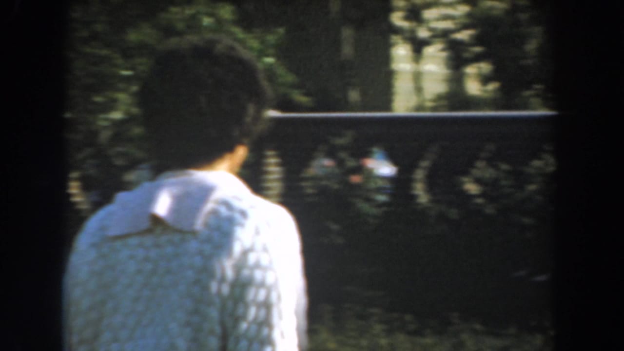 Woman seen from behind walking beside a decorative garden wall.