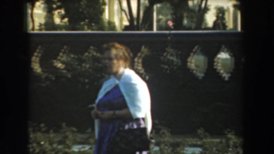 The woman pauses near the garden wall, wearing a purple dress and white cardigan with a dark handbag at her side.