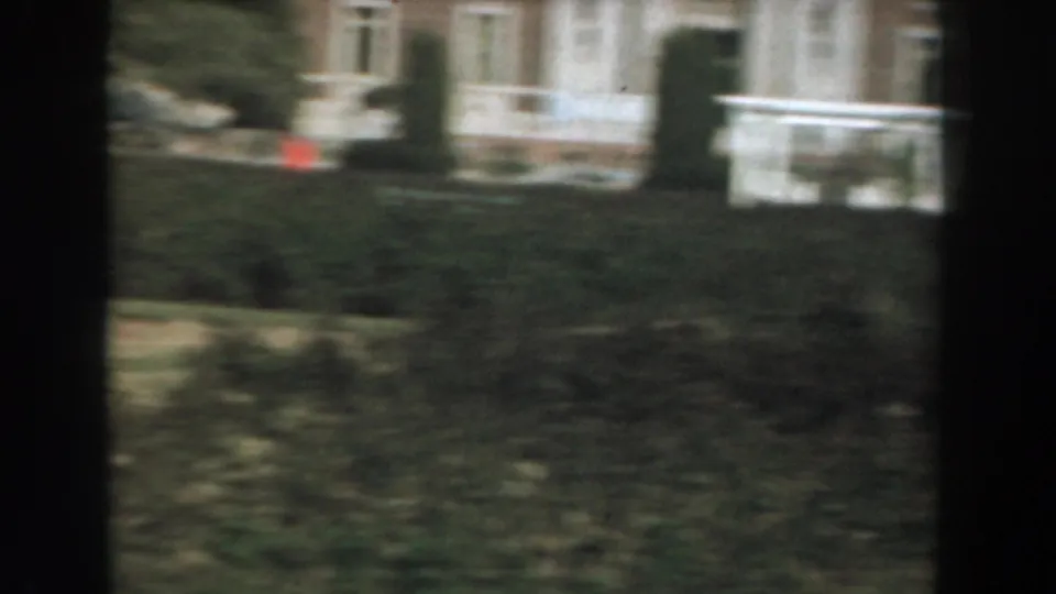 Soft 8mm frame of a white building entrance with steps and columns partly obscured by motion blur and foreground greenery.