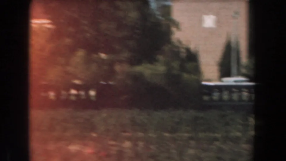 1961 Los Angeles 8mm frame with lawn, shrubs, trees, a pale wall, and warm reddish exposure flare.