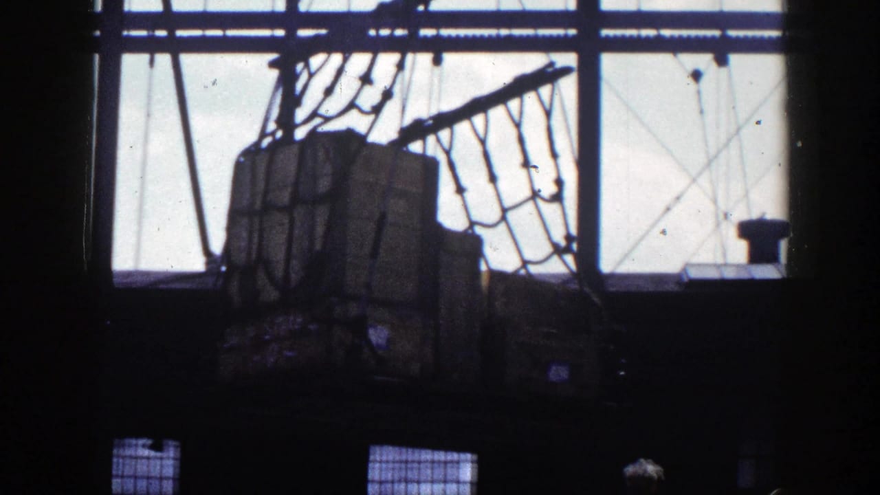 Cargo crates in a rope net hang near bright dock windows inside a dark structure.