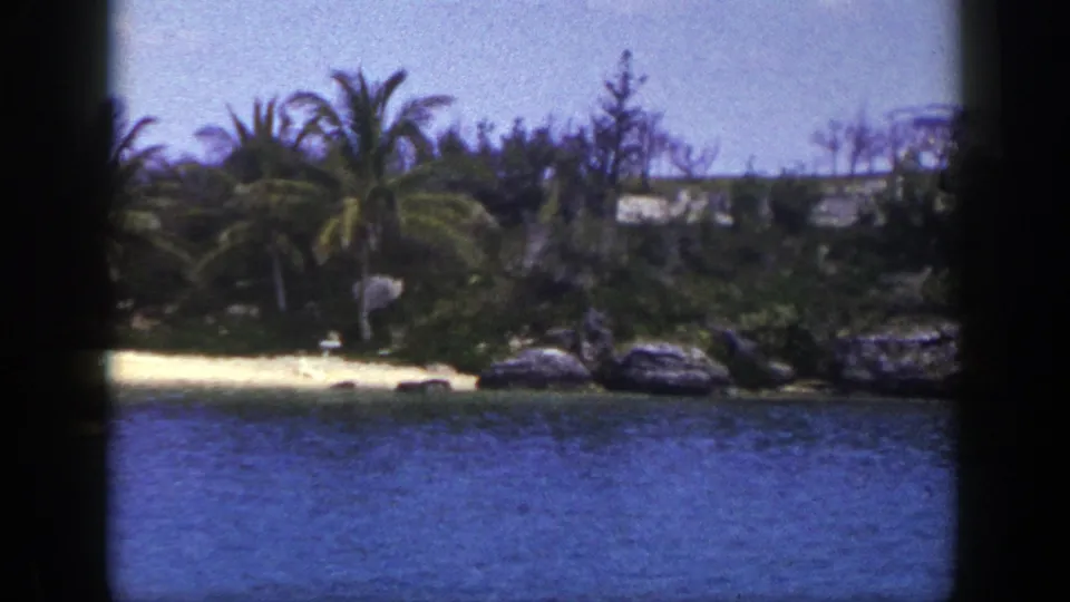 Soft 1948 8mm view across blue water toward a palm-lined sandy beach with rocks and dense shoreline greenery.