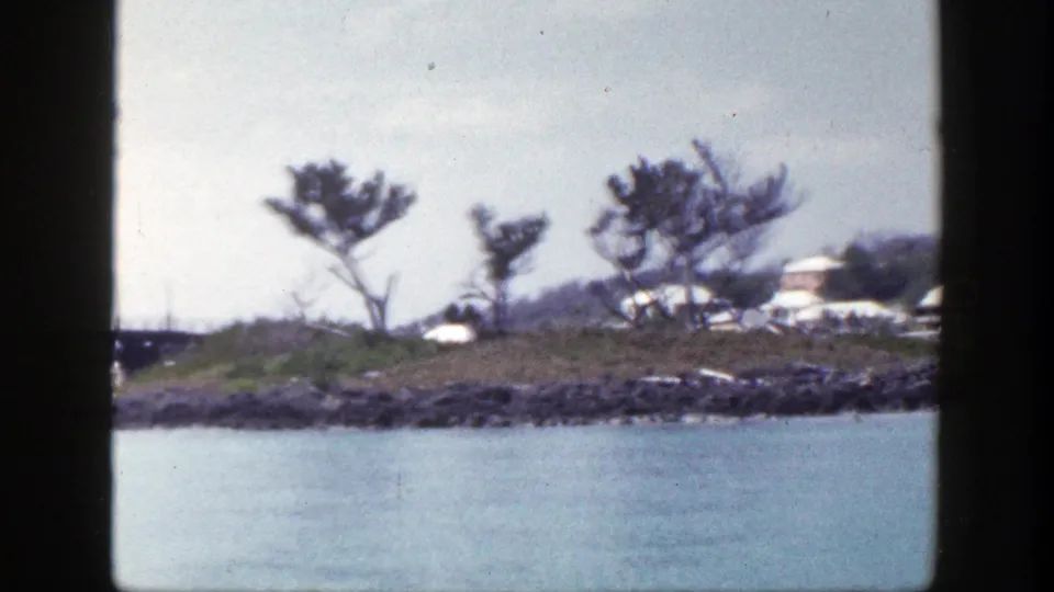 1948 New York 8mm frame of a coastal shoreline with pale water, rocks, wind-shaped trees, and distant structures.