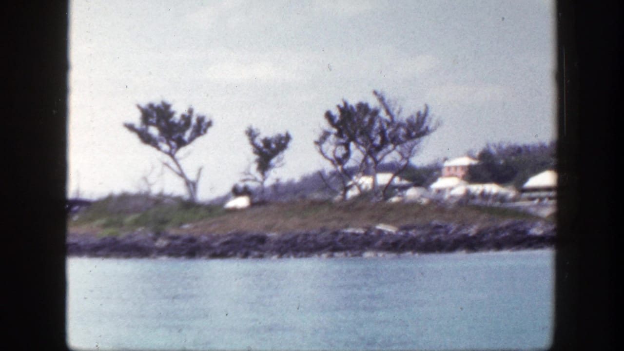 1948 New York 8mm frame showing blue water, a rocky shore, wind-shaped trees, and distant light-colored coastal buildings.