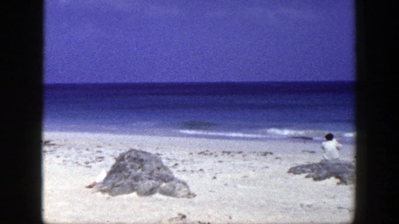 Person in a light shirt sits on a rock at the right side of a sandy beach scene.