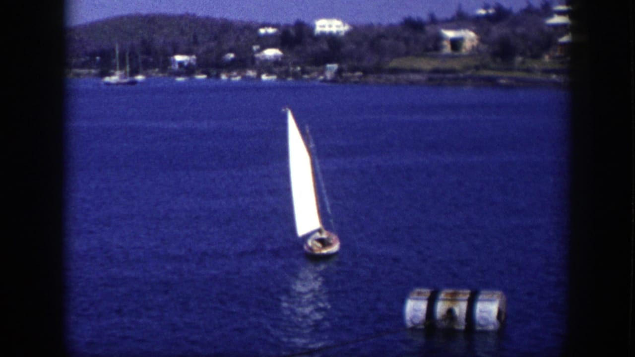 Small sailboat gliding on blue water near a floating buoy and far shoreline.