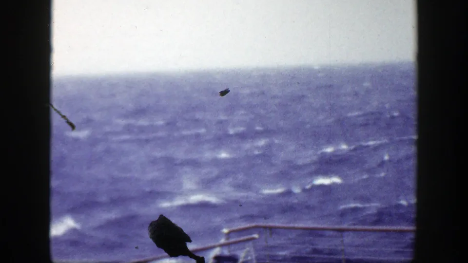 1948 home-movie frame of a rough sea beyond the boat rail, with a dark chair shape and film debris visible.