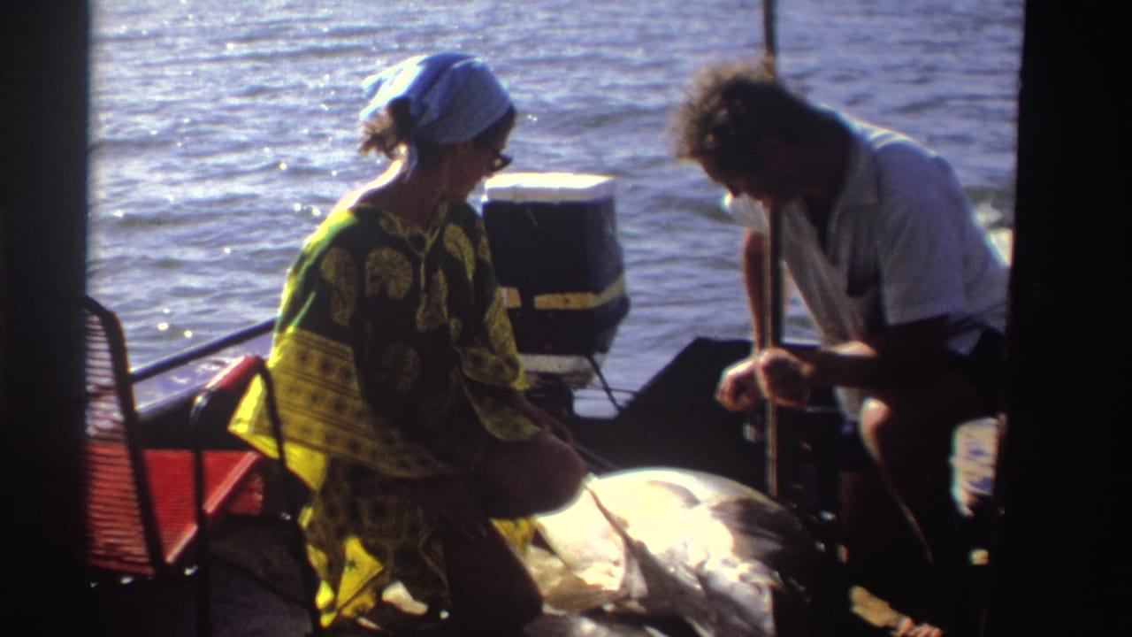 Woman in patterned kaftan sits on a boat beside a man handling gear near a large fish.