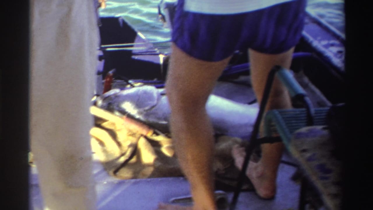 1969 Nigeria home-movie frame showing a large fish on the boat deck near adults' legs and a folding seat.