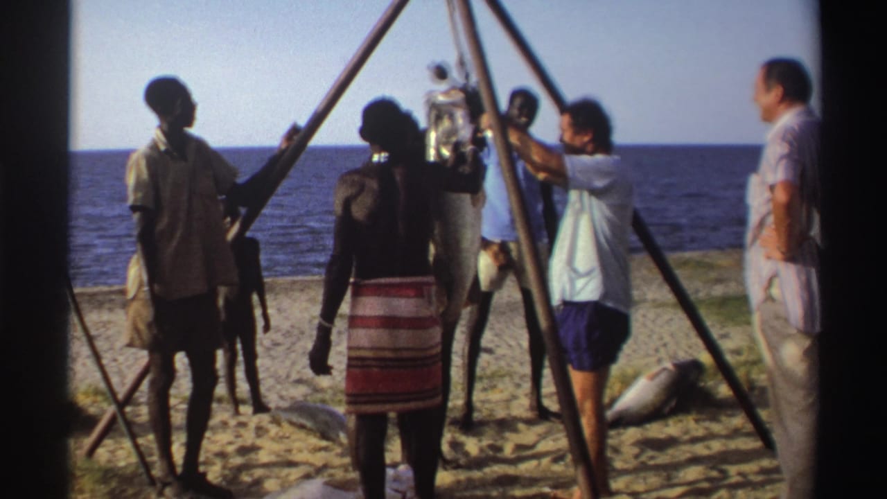 Nigeria 1969 beach footage shows local men and Western visitors around a tripod scale with a large fish near calm water.