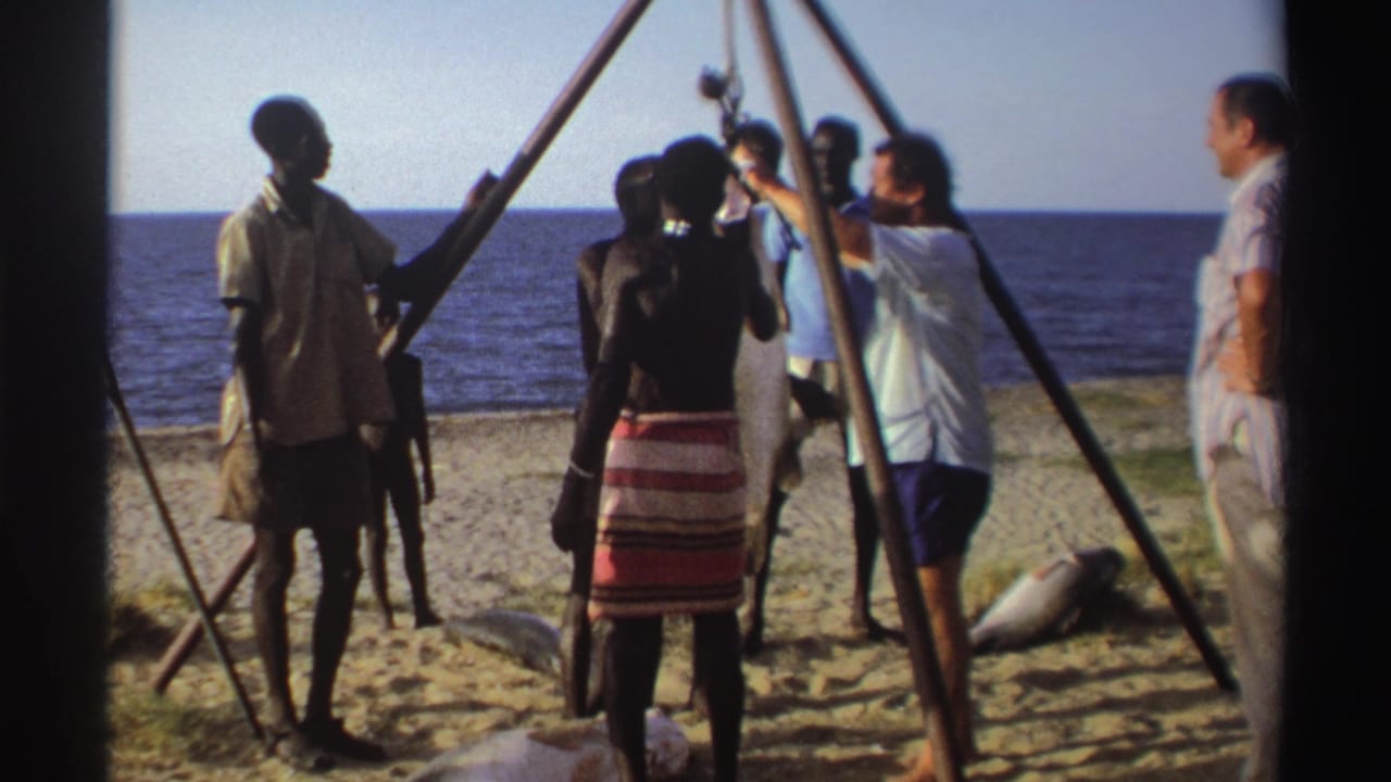Nigeria, 1969: people on the beach inspect or adjust a large fish hanging from a wooden hoist near the water.