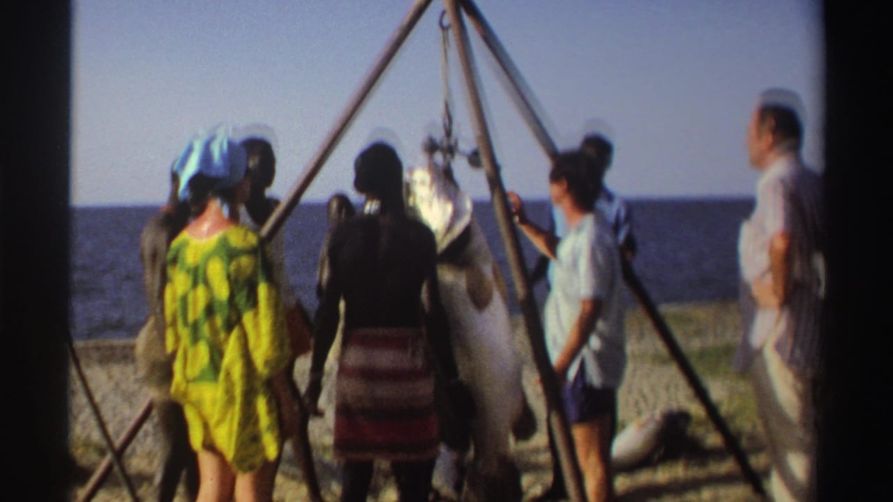 Nigeria 1969 8mm frame of adults beside a wooden tripod and suspended fish, with soft focus and the sea in the background.