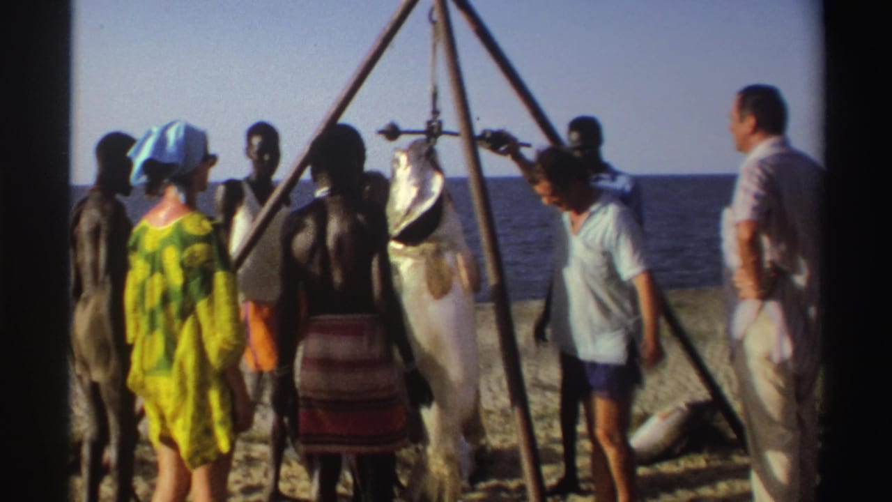 Nigeria 1969 home-movie frame showing a beach gathering around a large fish suspended from a wooden pulley tripod.