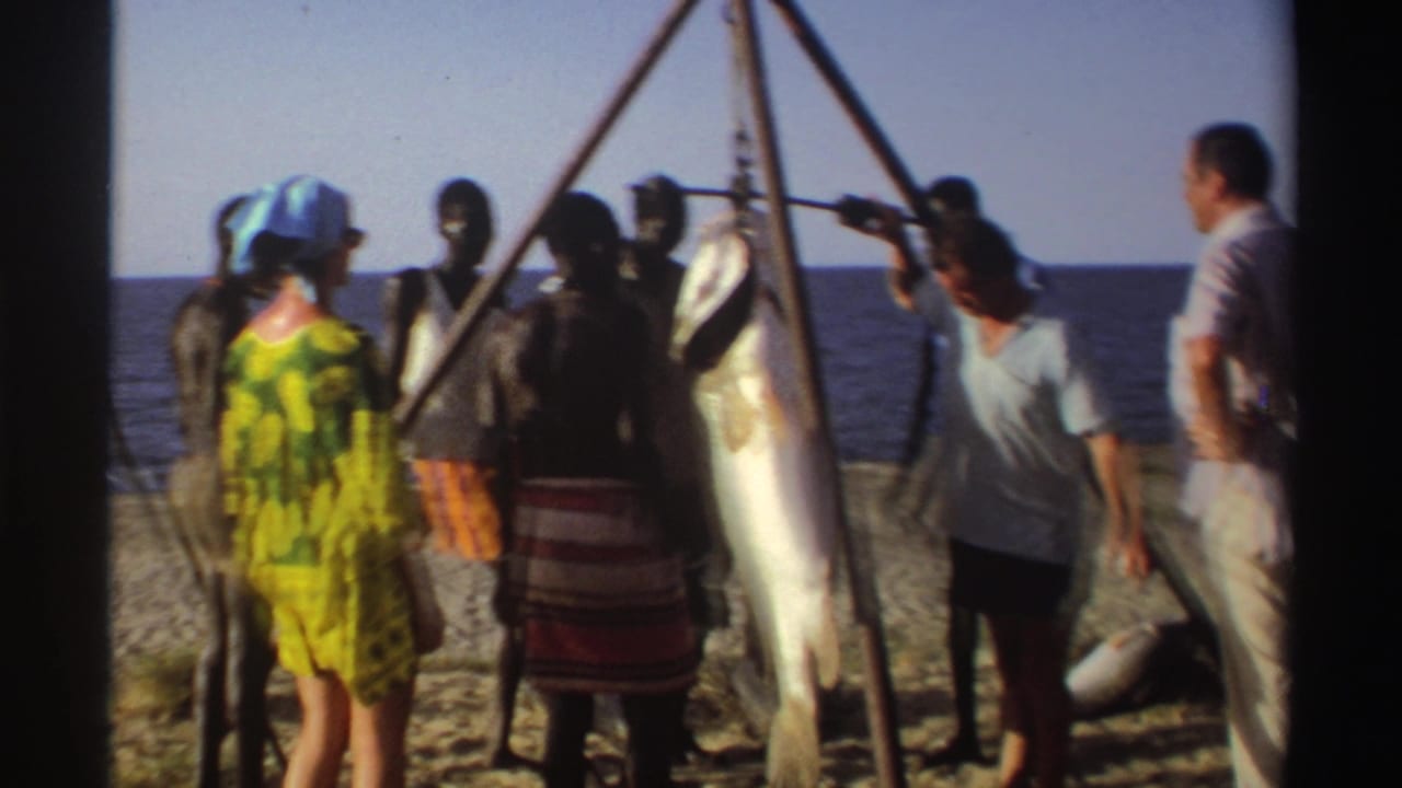 Several adults stand on a beach around a large fish hanging from a wooden tripod.