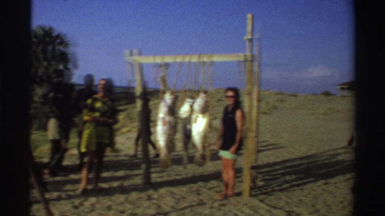 Nigeria 1969 beach frame with a visitor standing beside a wooden rack holding large fish while other people move nearby.