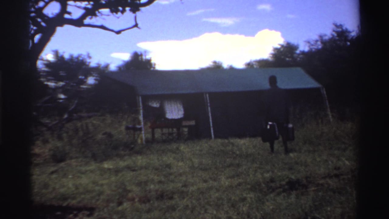 The man continues toward the tent in a grassy Nigerian clearing, with buckets visible at his sides and trees behind the shelter.