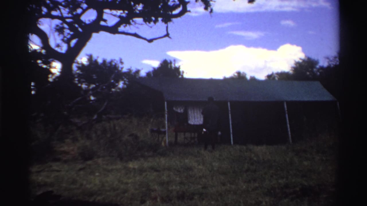 The man appears closer to the tent entrance, partly shadowed, with the canvas wall, hanging cloth, grass, and tree canopy visible.