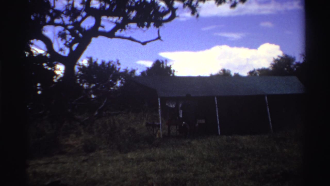 The final frame shows the large tent and grassy clearing, with the bucket-carrying man partly obscured near the entrance area.