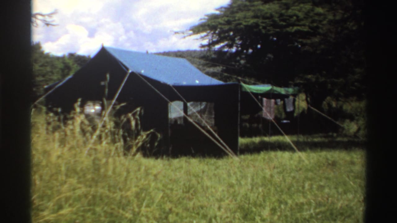 1969 Nigeria 8mm frame of a tented campsite, seen through tall grass with trees, support ropes, and laundry near a green tarp.