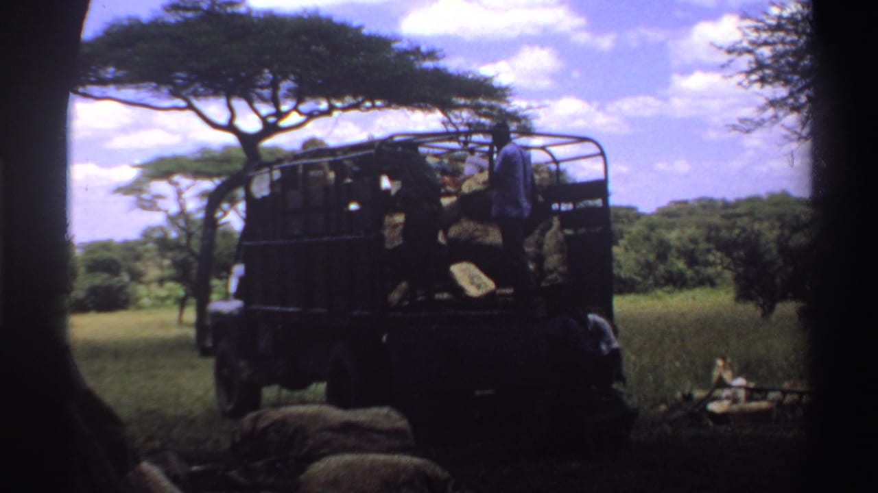 1969 Nigeria 8mm frame of a dark truck in savanna shade with people nearby and sacks lying in the foreground.