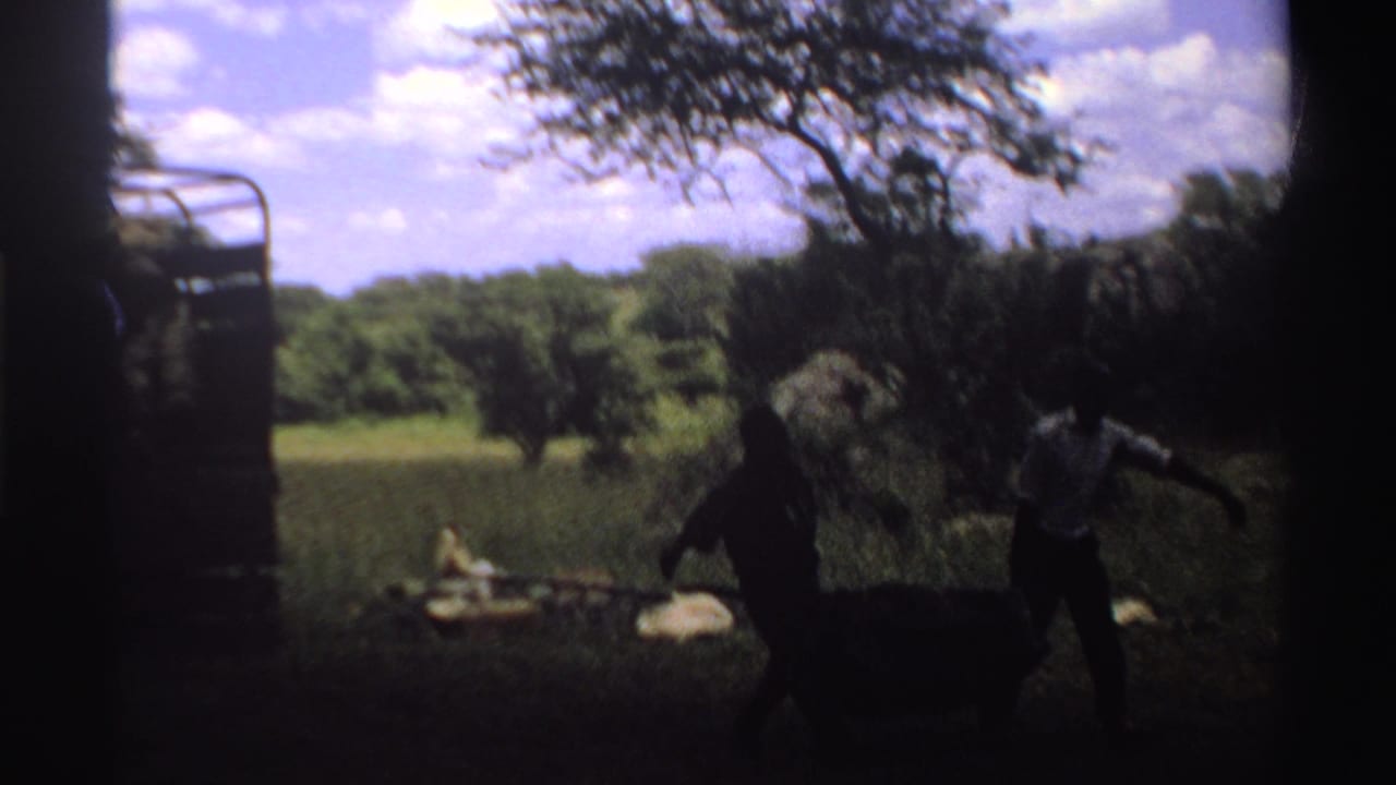 1969 Nigeria 8mm frame showing people carrying or moving hay in a field near a parked truck and trees.