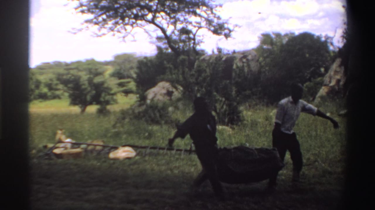 Two men carry a large dark bundle across a grassy field with trees and rocks behind them.