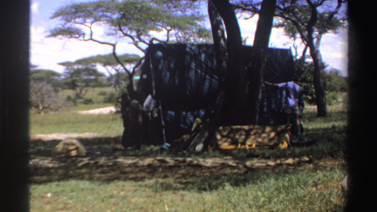 Nigeria 1969 home-movie frame with a dark tarp shelter under trees and people standing along the sides in a grassy savanna setting.