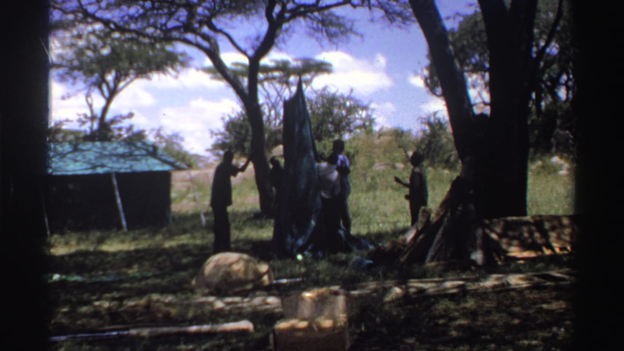 1969 Nigeria 8mm frame showing people under trees around a tall tent or sheet near a small rural structure.