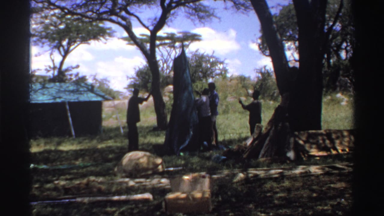 1969 Nigeria 8mm still with people standing around a tall tent or sheet near a small hut and open grass.