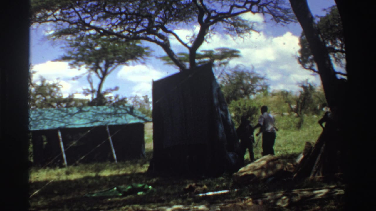 1969 Nigeria 8mm frame showing several people beside a dark tent in a grassy clearing, with trees and a low shelter behind them.